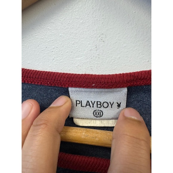 Vintage Playboy Shirt XL Blue‎ Red Trim Long Sleeve Bunny Logo Soft Casual Tee - Picture 2 of 6